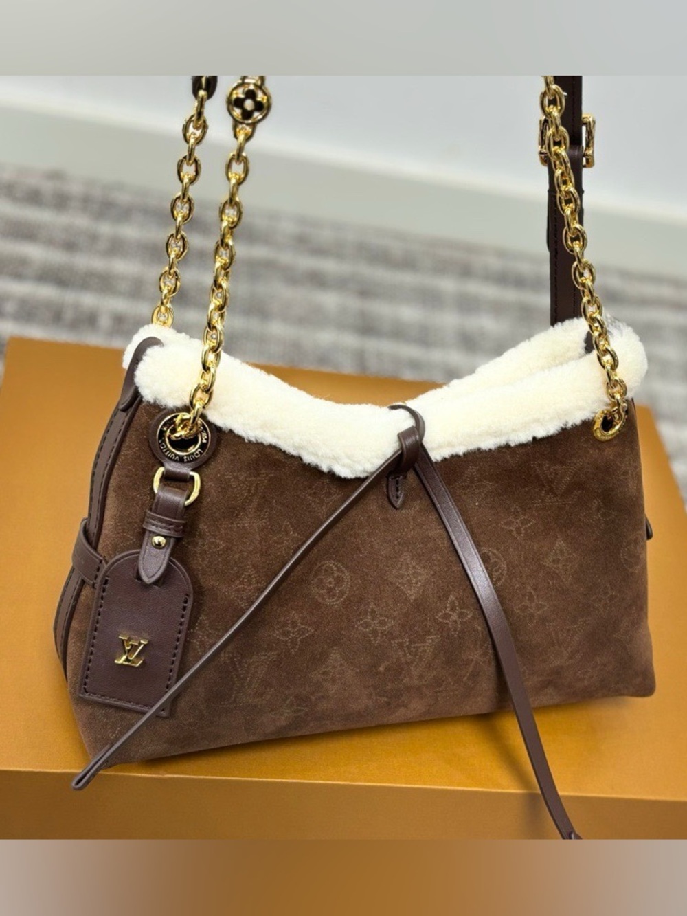 Designer Brown Suede Shoulder Bag with Cream Shearling Trim